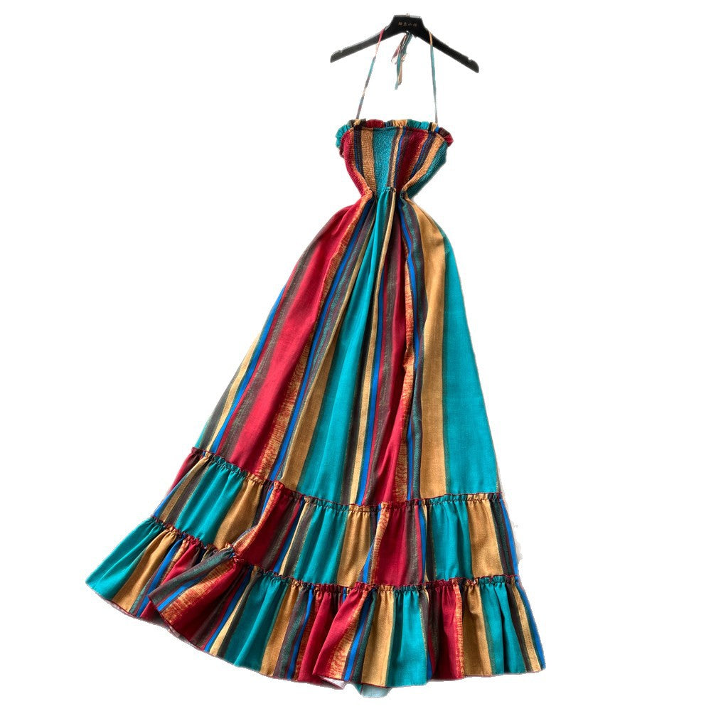 Dopamine dress rainbow stripes backless dress women's summer high waist k-style a-line long skirt vacation style beach skirt