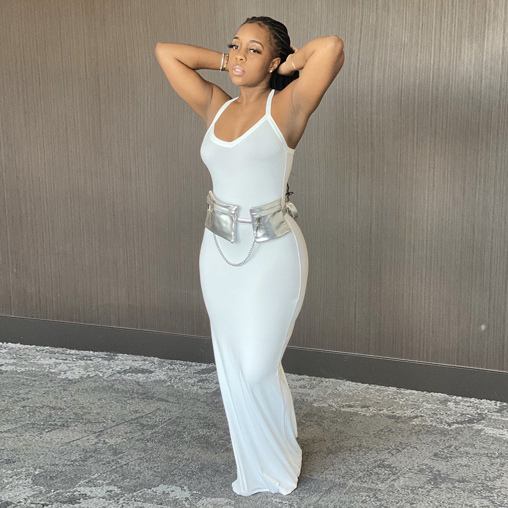 S390081 Foreign trade European and American women's clothing ins new models, sexy solid color suspender dress, fashionable temperament long dress women