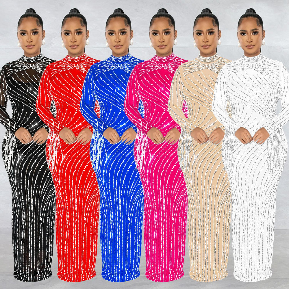 C6266   fashion women's mesh see-through rhinestone long sleeve maxi dress lined two-piece set