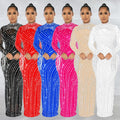 C6266   fashion women's mesh see-through rhinestone long sleeve maxi dress lined two-piece set