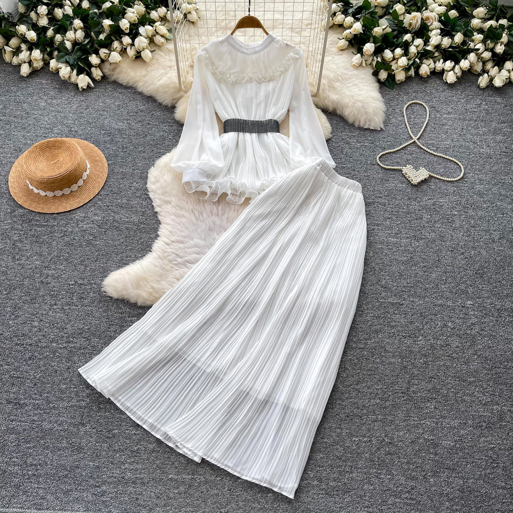 French work clothing style purple lantern sleeve waist pleated skirt for women autumelegantfashiontwo-piece set