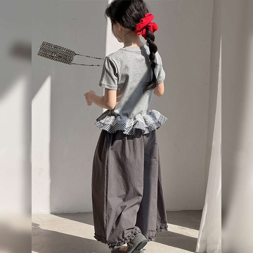 Korean style girls' plaid lace short-sleeve t-shirt set,  new arrival, super cute wide-leg pants two-piece outfit for mid-to-large children