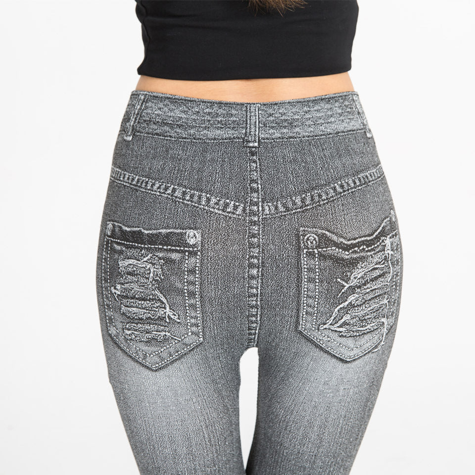 Wish hot-selling summer distressed print faux denim leggings -  cross-border hot seller, thin, high-stretch, all-in-one pants