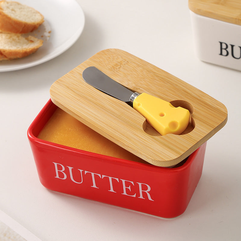 ceramic butter box with matcha knife rectangular for home cheese fresh-keeping sealed jar butter ceramic storage box