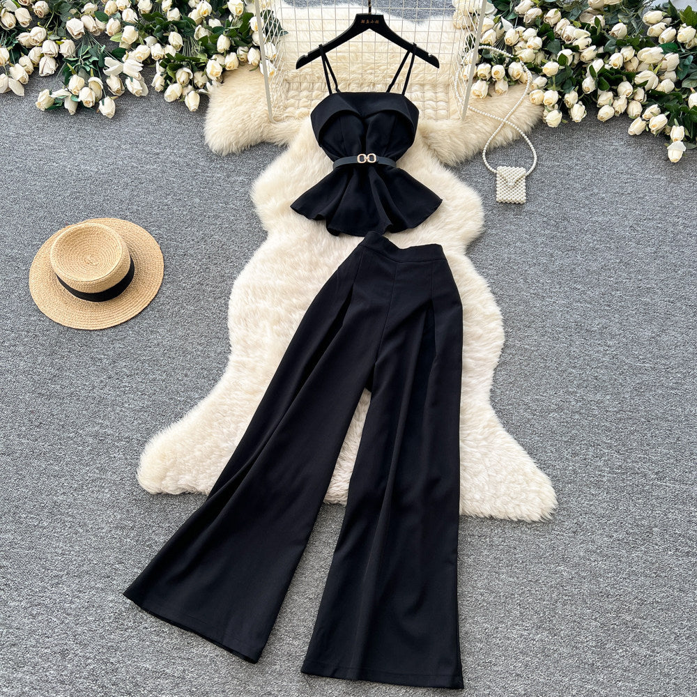Minimalist style commuter set for women - spring/summer premium camisole & waist-cinching vest with high-waisted wide-leg pants (two-piece set)