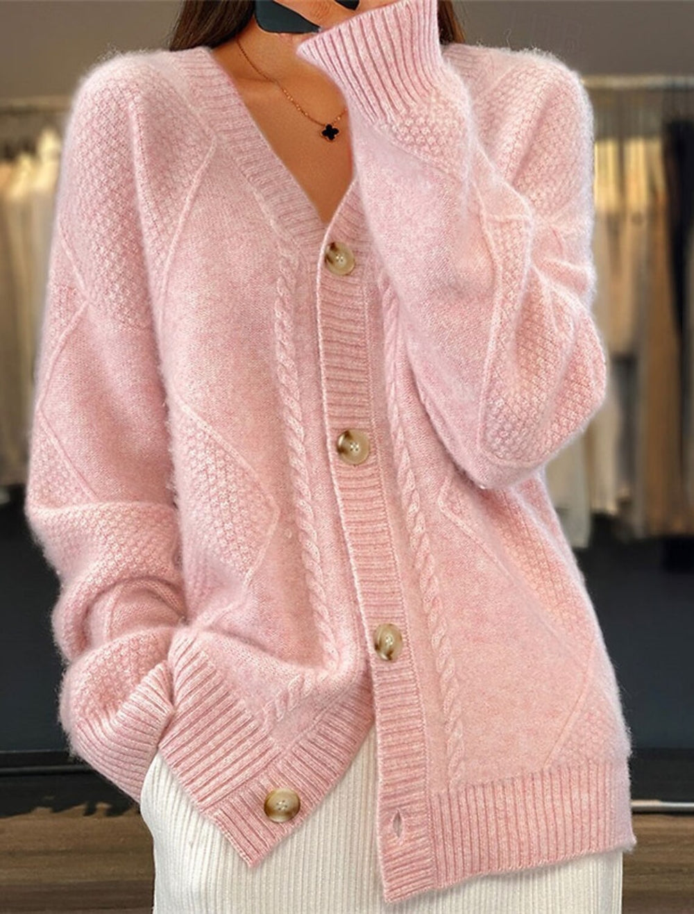 fall/winter new collection: solid color long-sleeve v-neck knit cardigan with button-down jacquard short-sleeve sweater top for women