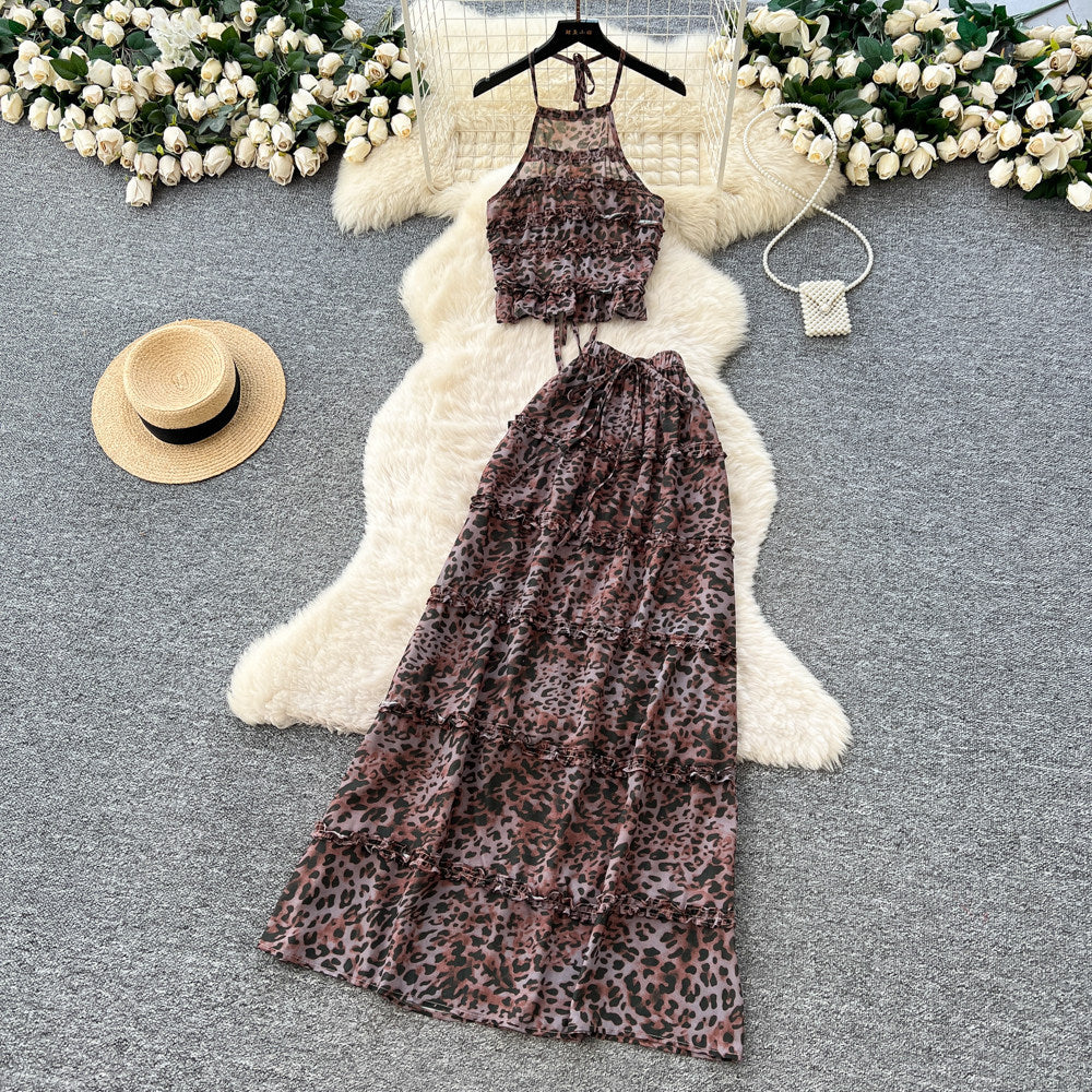 Sense of design leopard print halter suspender two-piece set women's summer sleeveless bowsrufflesbackless vacation suit