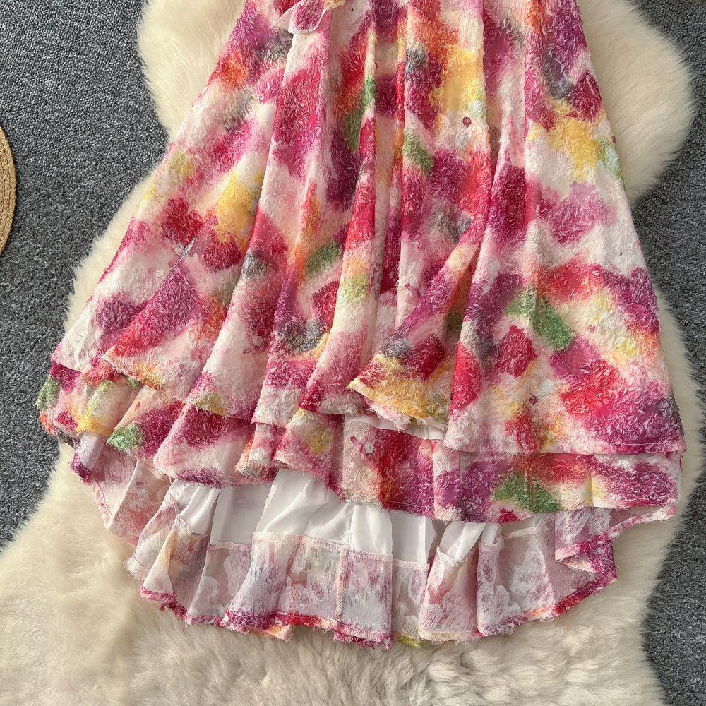Summer 3d floral halter neck cami dress - loose fit, a-line, short, with ruffle hem - perfect for vacation