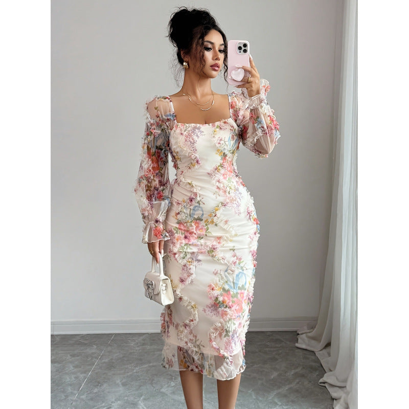 Women's spring/summer new arrival: elegant and romantic mesh floral print ruched long sleeve midi dress