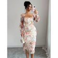 Women's spring/summer new arrival: elegant and romantic mesh floral print ruched long sleeve midi dress