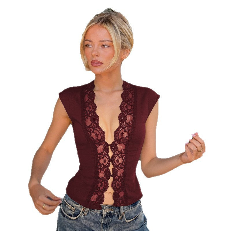 European and american style  summer new fashion vest top - hollow-out button lace waist cincher sleeveless tank top