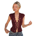 European and american style  summer new fashion vest top - hollow-out button lace waist cincher sleeveless tank top