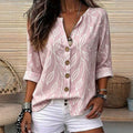 Fashion holiday style vertical pattern blouse, light fabric, half placket, wooden buttons, loose three-quarter sleeves, daily casual lining