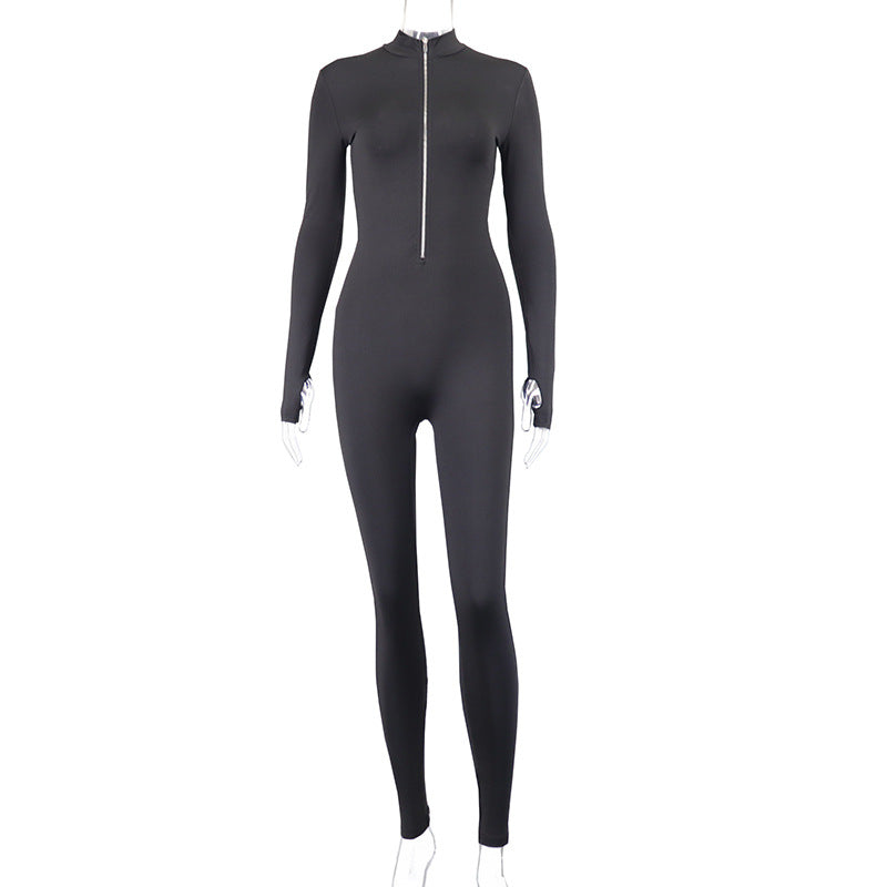 European and american style casual zip-up stand collar jumpsuit solid color high-stretch slim fit long sleeve one-piece export bodysuit women's trendy