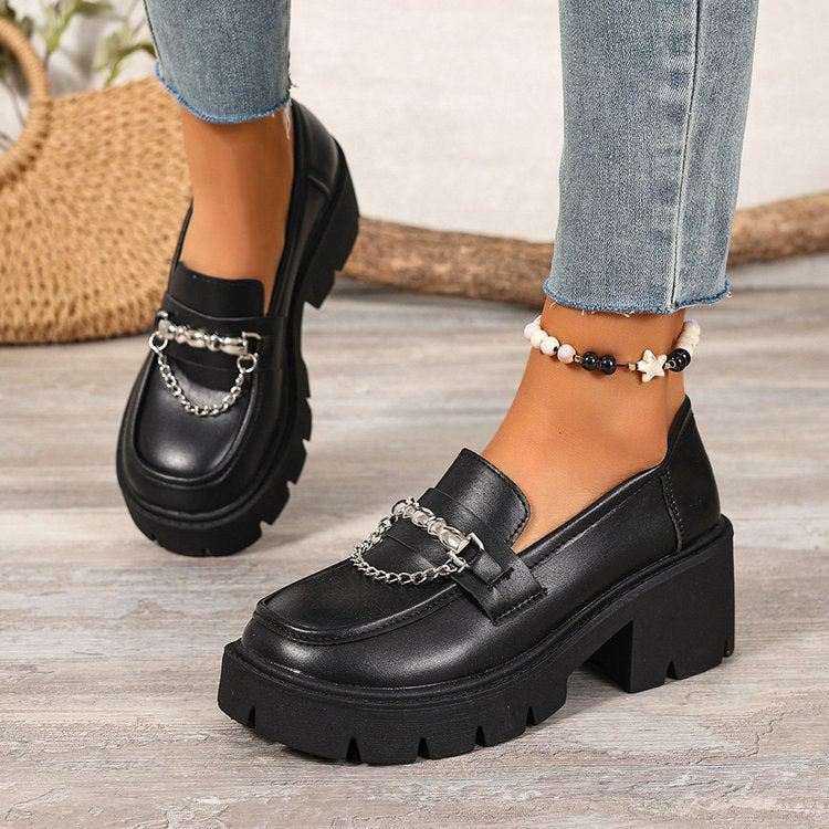 plus size thick heel loafers  fall and winter new arrivalfashion metal chain thick sole slip-on leather shoes flats women