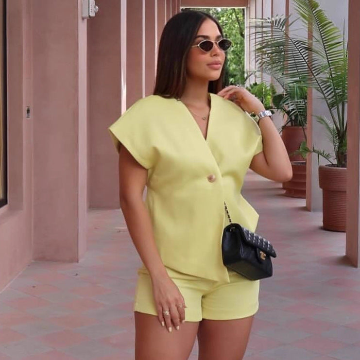 Cross-border European and American solid color one-button cardigan, top, casual shorts set,  women's clothing temperament fashion two-piece set