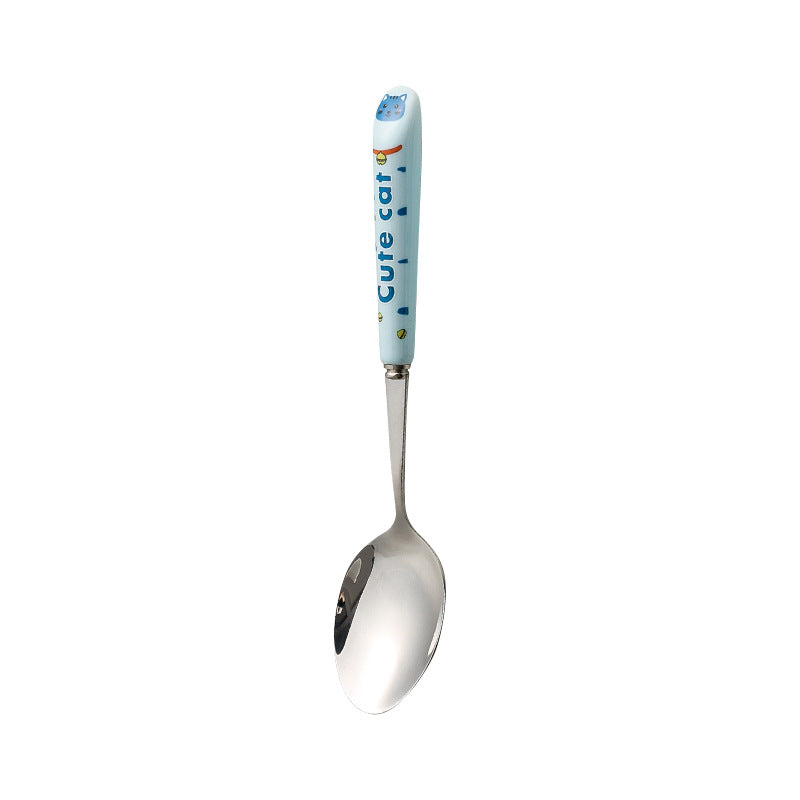 Cartoon stainless steel cutlery set: cute kids' forks with stylish ceramic handles, exquisite dessert spoons, and serving spoons