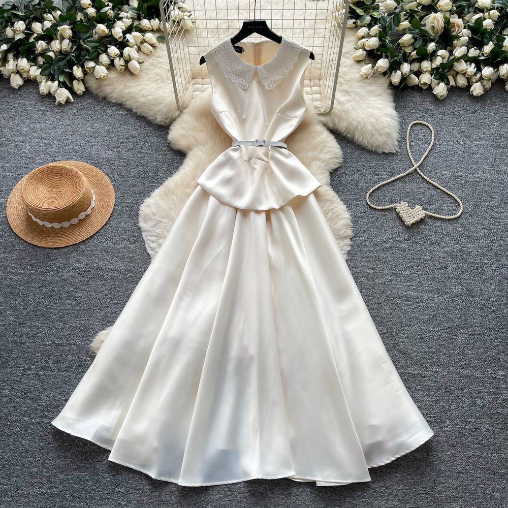 Celebrity style lace doll collar red a-line dress female summer pure lust style high waist waist elegant long skirt work clothing