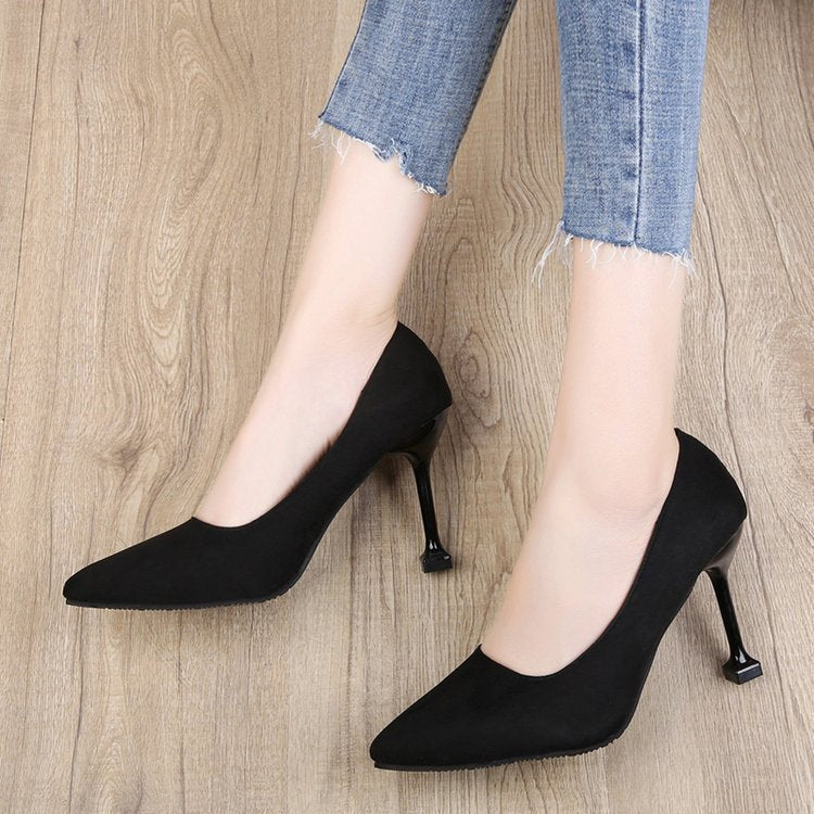 Women's suede black pointed-toe heels - professional ol work shoes, solid color stiletto mid-heel pumps