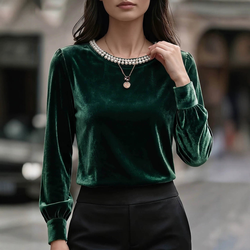 European and american style velvet base layer top - round neck, beaded embellishments, long sleeves with cuffed sleeves, elegant inner layer top - wholesale supply