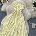 French riviera style bandeau asymmetrical dress - women's summer yellow ruffle hem maxi dress - slimming and chic