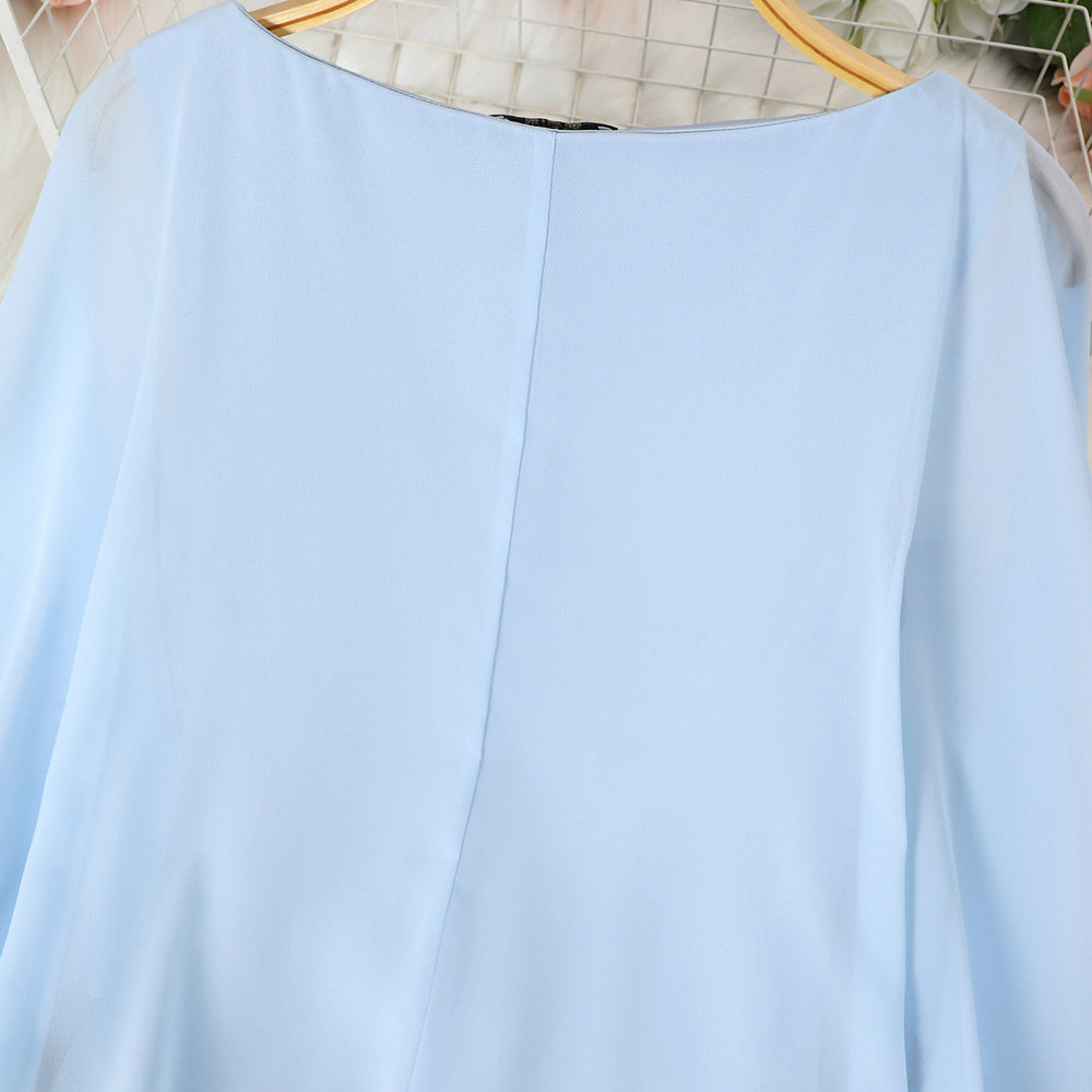 Women's elegant long-sleeve vacation dress with rhinestone bow detail, loose fit, flowy light blue chiffon shawl-style maxi dress