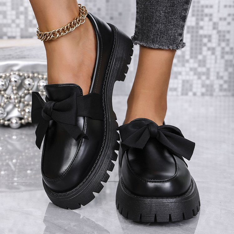 cross-border large size 35-43 black loafers women's niche bow thick bottom small leather shoes retroflats women