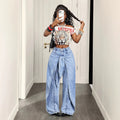 Fashionjeans women's light blue snowflake washed fake two-piece ribbon wide-leg pants american hot girl high waist deconstructed style