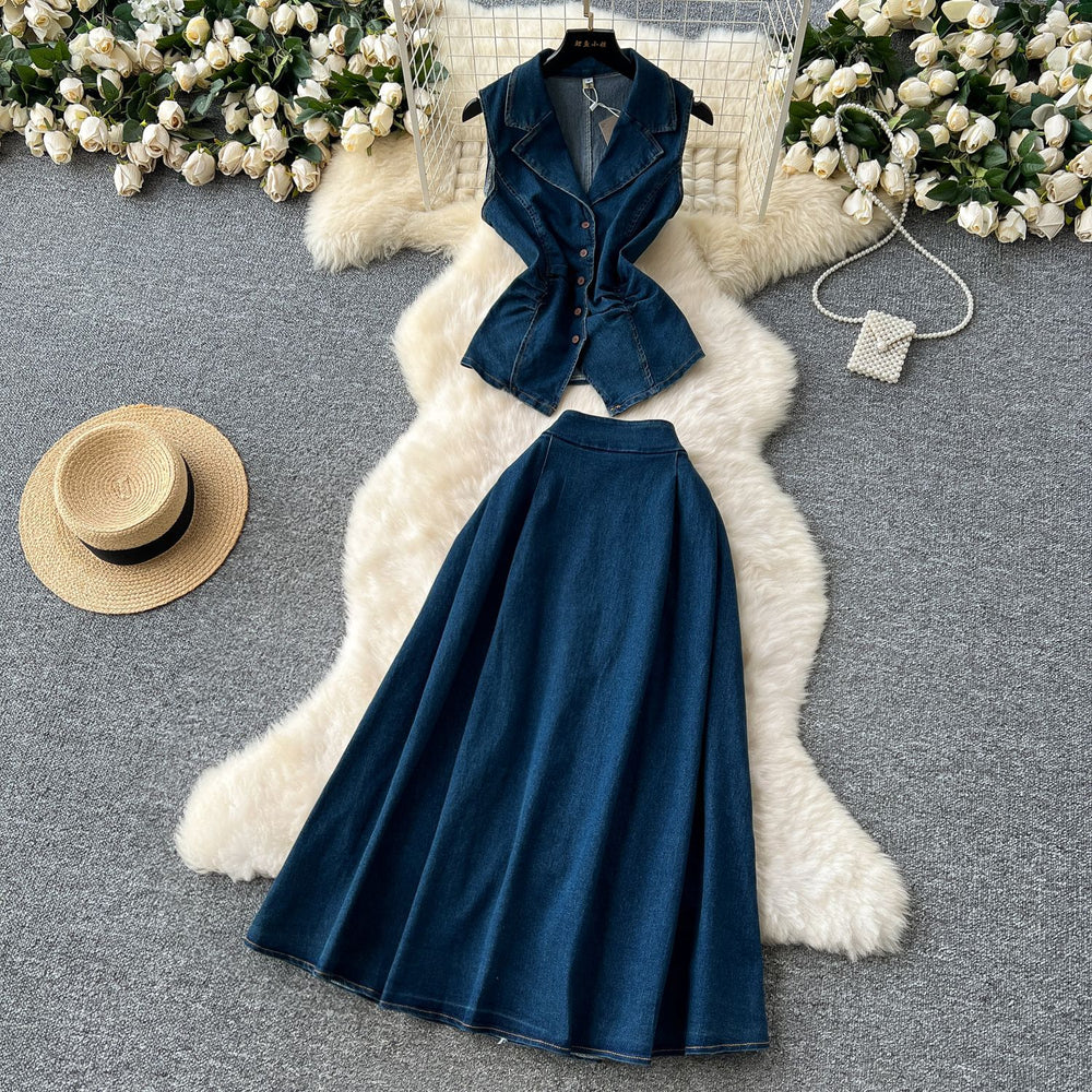 French style age-defying set for women: summer chic ruched waist sleeveless denim top with high-waisted midi skirt