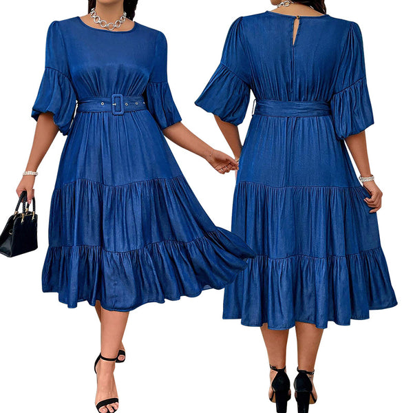 F218622  women's clothing bubble sleeve crew neck new fashion denim dress source factory direct sales