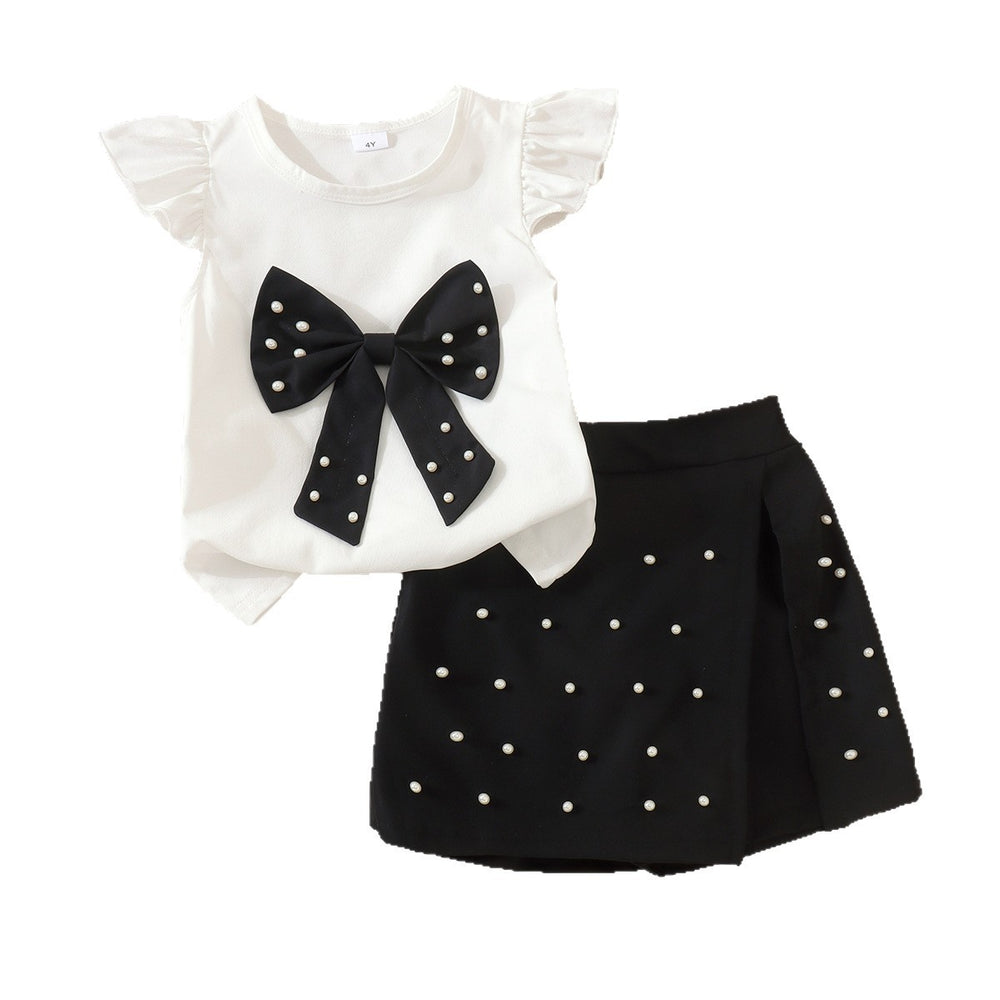 Children's clothing cross-border european and american girls white flying sleeve t-shirt black skirt children's clothing two-piece set