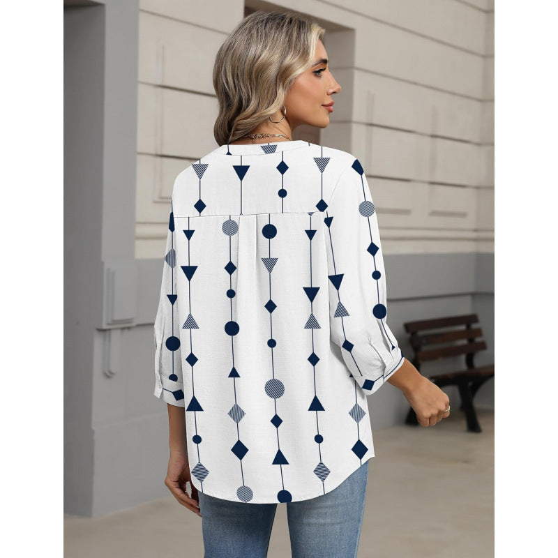 Amazon european goods  summer button-down shirt, three-quarter sleeve v-neck blouse, fashionable casual loose top