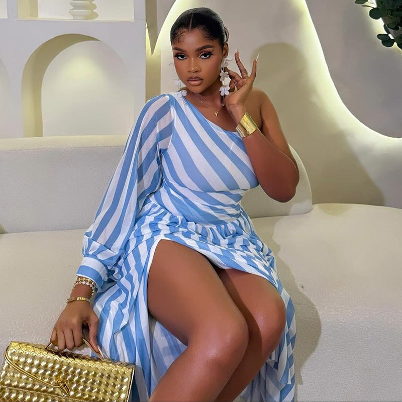 European and american cross-border women's fashion:  autumn new arrivals - sexy and chic blue striped one-shoulder slit irregular dress