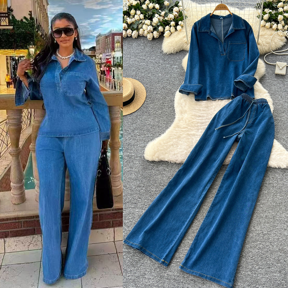 Light mature style classyretro lapel long sleeves denimtops women's  autumn wear high waistcasualloose pantsstraight-leg pants