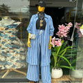 European and american cross-border women's fashion:  spring new arrival - stylish lapel blue striped longline shirt and wide-leg pants set