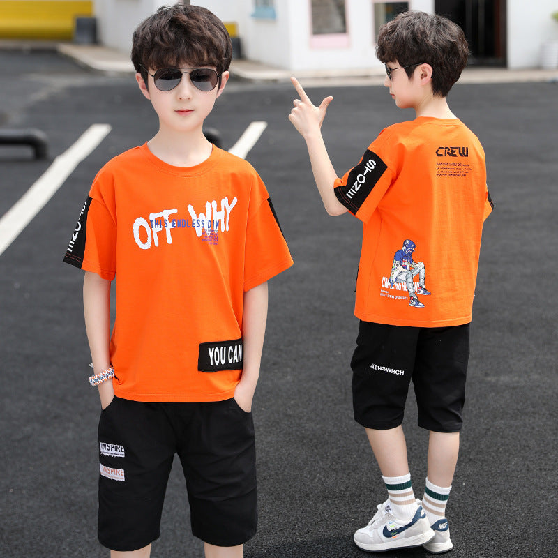 Boys' summer outfit: lightweight short-sleeve sports set - breathable two-piece casual set for older boys - trendy brand
