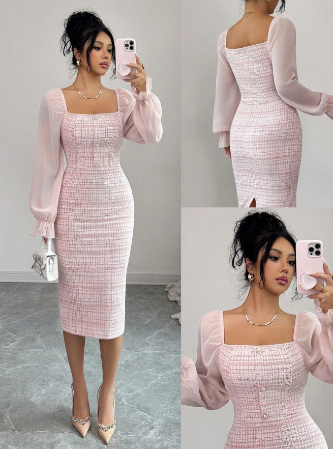 chanel-inspired dress for women, new autumn collection, high-end knitted patchwork, slimming and figure-flattering dress