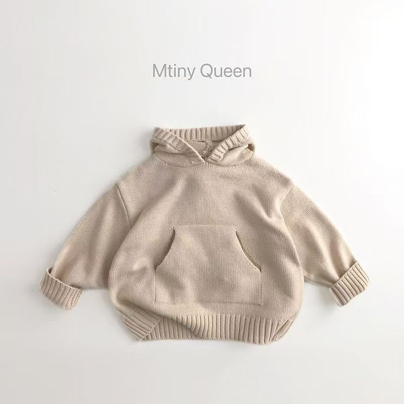Hoodie: practical, stylish korean-style kids' sweater for autumn and winter. chic solid color, retro casual knit hoodie for baby boys and girls