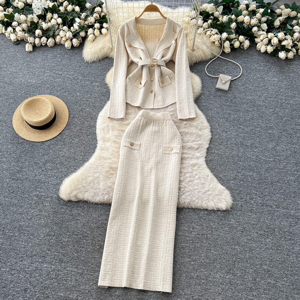 French chic high-end women's autumn set: tie-waist knit top with metal buckle & high-waisted bodycon midi skirt