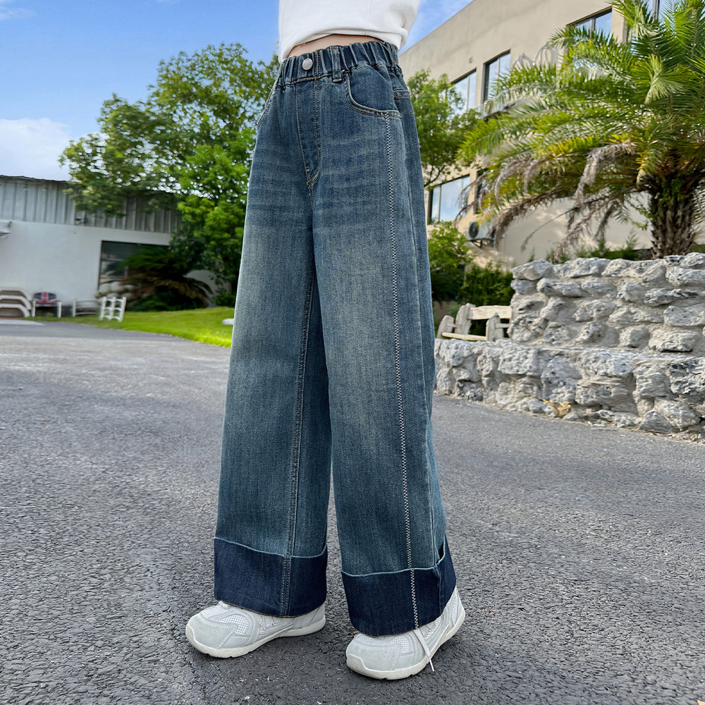 Girls' jeans - spring/autumn collection  - new styles for mid-to-large children - autumn fashionable straight-leg wide-leg pants - kids' trousers