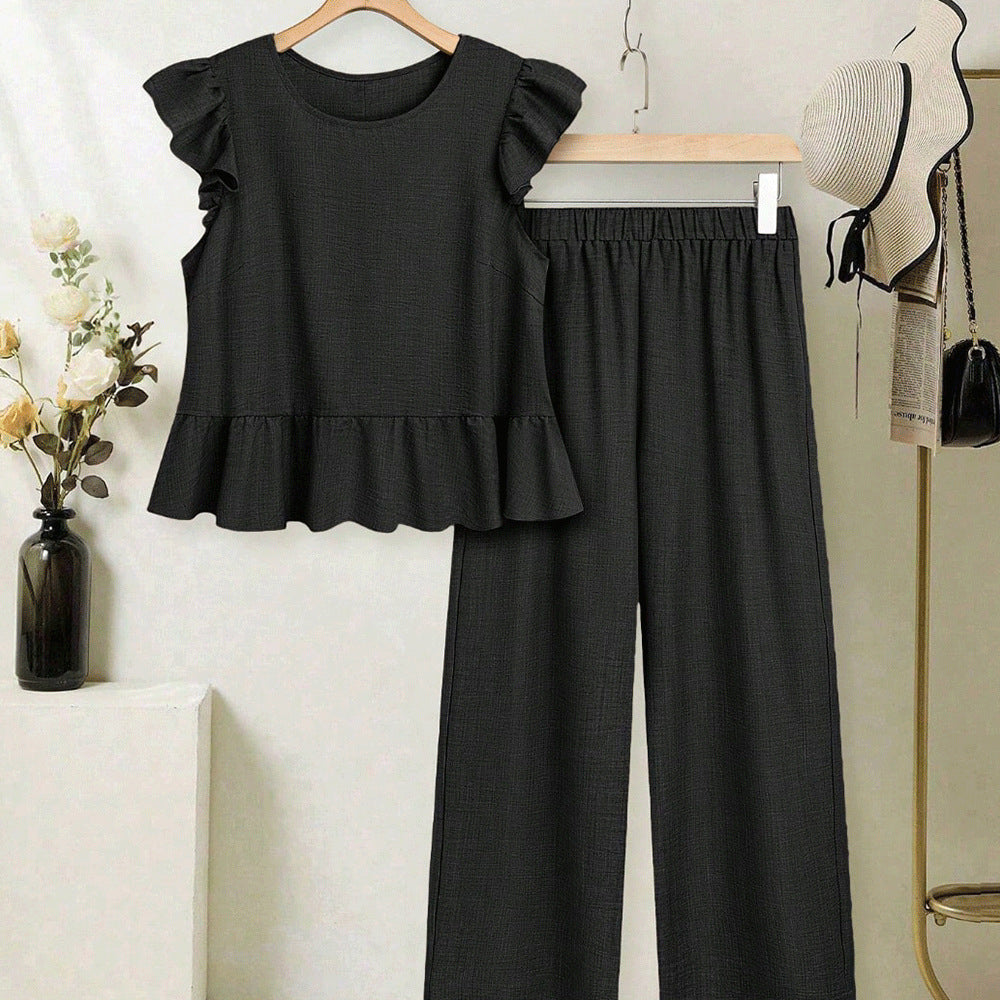 European and american cross-border women's short-sleeve set:  summer new arrival - stylish flutter sleeve top and wide-leg pants two-piece set