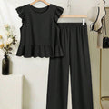 European and american cross-border women's short-sleeve set:  summer new arrival - stylish flutter sleeve top and wide-leg pants two-piece set