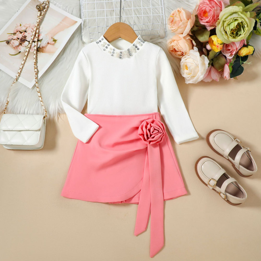fashionautumgirl beaded long sleevestops with fashionstereo flower skirt pants two-piece set for children and young women