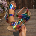 2025 summer new women's wedge heel platform sandals - plus size peep-toe beach sandals with floral embellishments (cross-border)