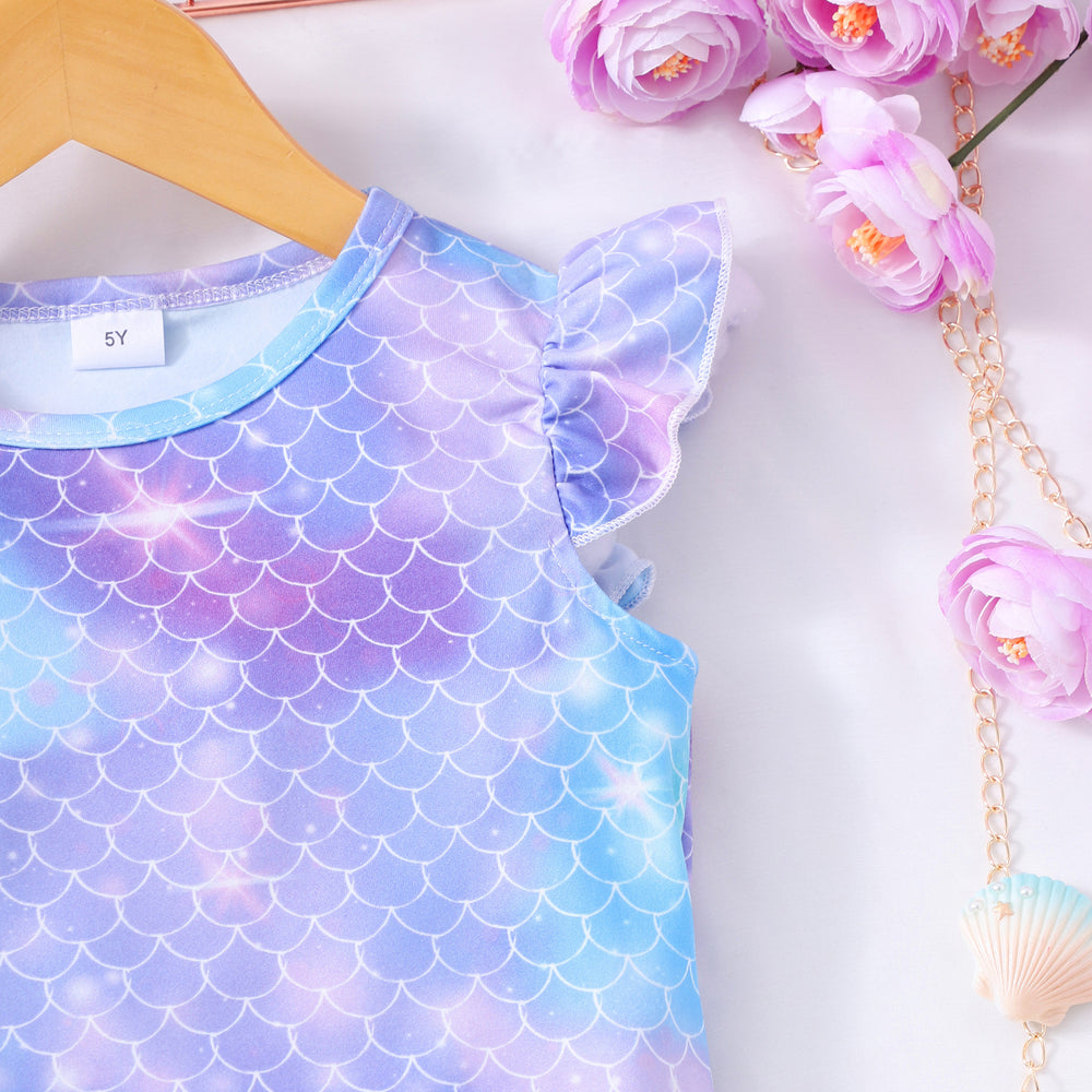 Girls' two-piece outfit: fish scale print flutter sleeve top + mesh skirt set