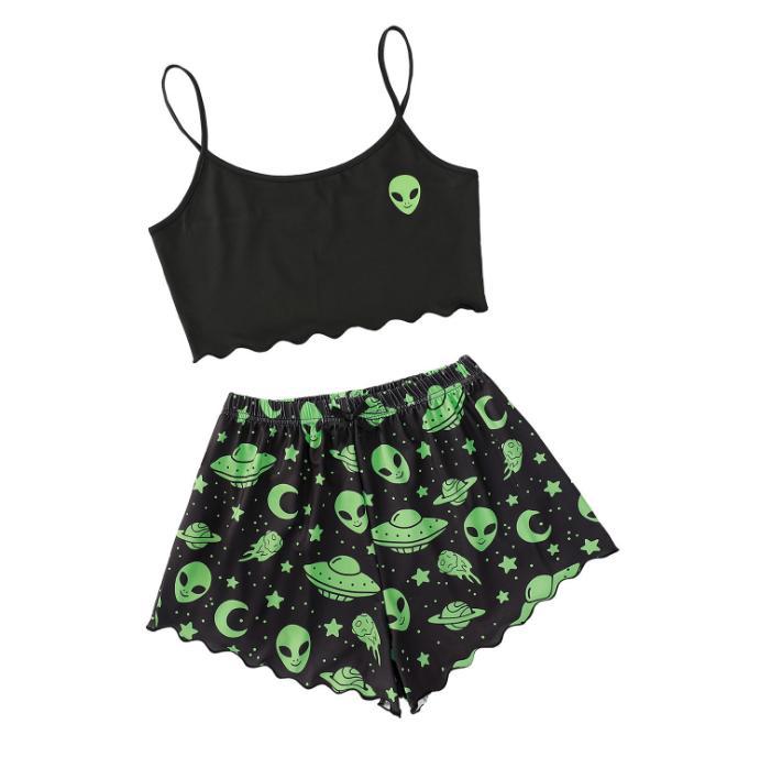 Fashion cross-border   fashion women's clothing skull hand printing suspender tops and shorts home wear suit