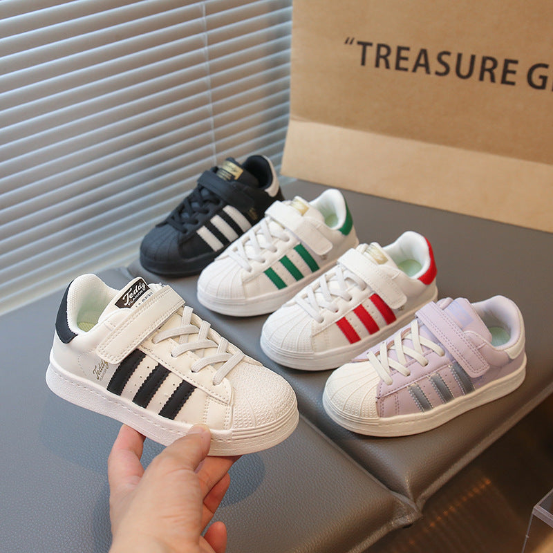 Sneakers with shell toe  spring and summer boys and girls leather patch bottom velcro small and medium-sized children's campus shoes patchwork style