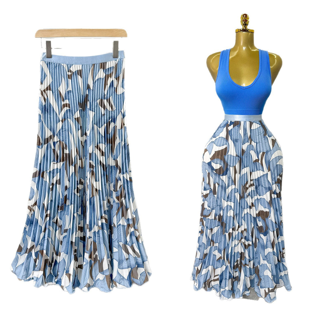 Exportsweeteasiest for matchpleated skirt large swing printing skirt women's frenchhigh waista-line medium long pleated skirt