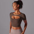 Classic solid color mesh panel sexy double-layer short sleeve cami bra top - running, fitness, and yoga activewear for women