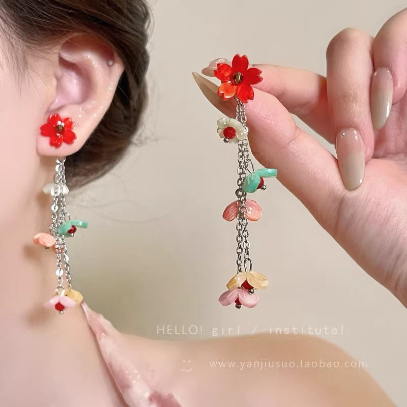 Sakura renewal ~ suitable for spring colorful tassel flower earrings for women, high-end earrings, beautiful dopamine earrings